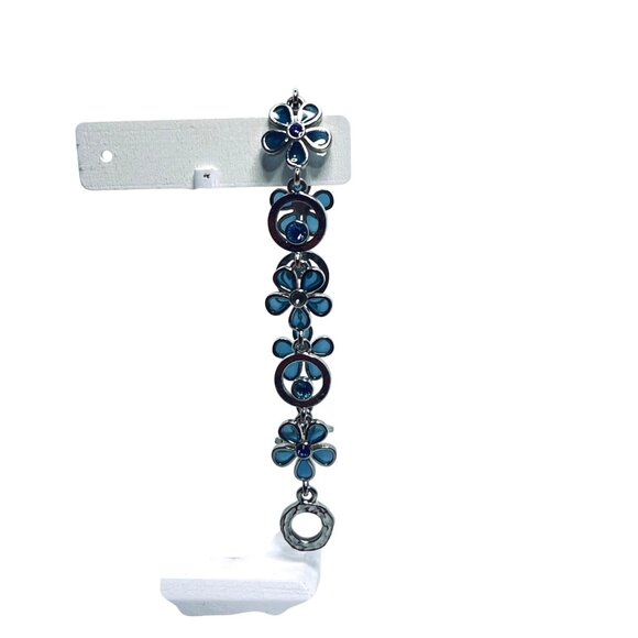 M4M Silver Tone And Blue Rhinestone Floral Link Bracelet Signed 7 1/2” (5920) - Picture 9 of 9
